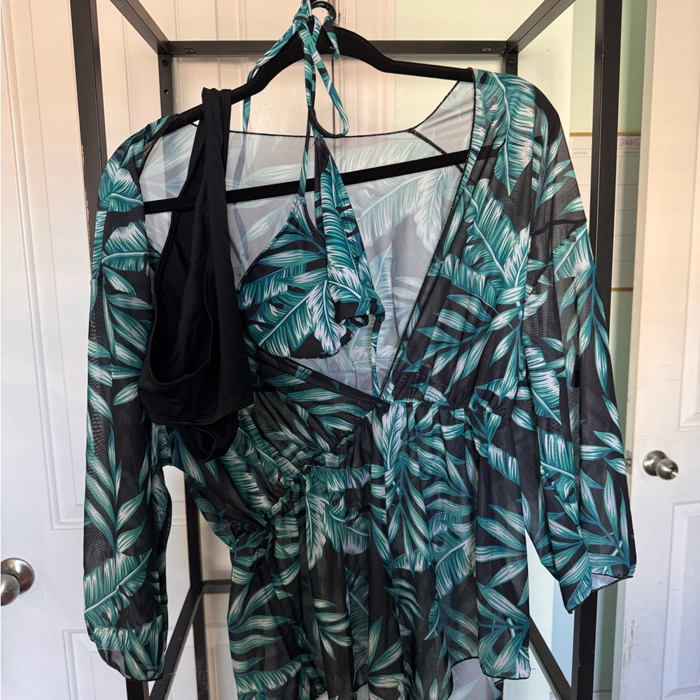 Tropical Leaf Print Sheer Top